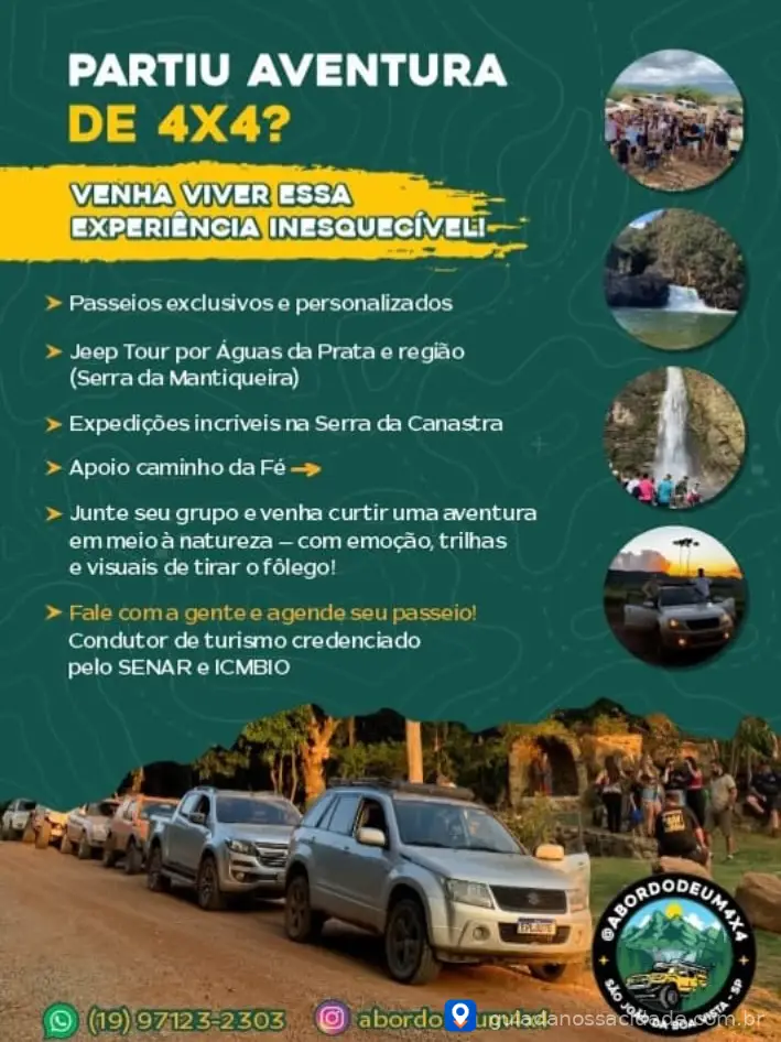 Folheto promocional de tours 4x4 em Serra da Mantiqueira e Serra da Canastra com imagens de trilhas e veículos off-road.