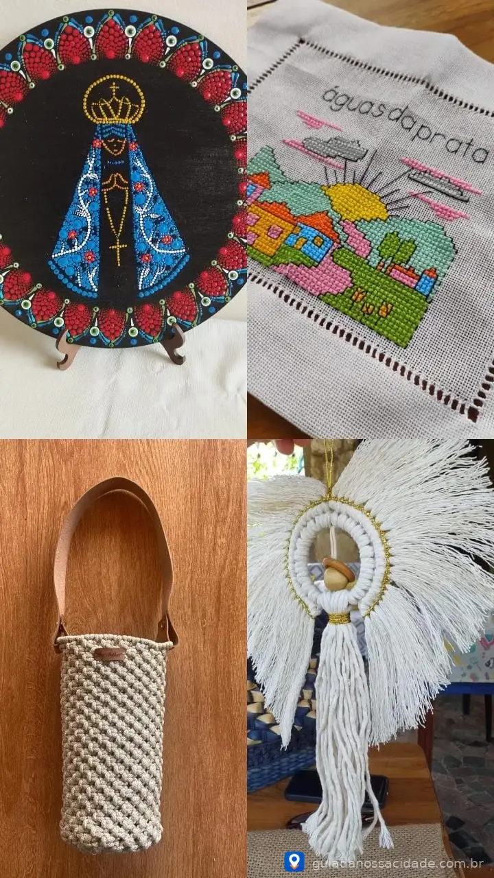 Conjunto de artesanato: pintura de santa, bordado com sol, suporte de garrafa em macramê e anjo de macramê com asas.