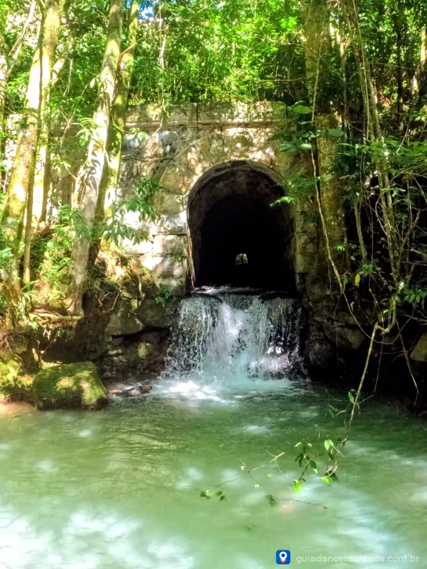 Túnel de pedra com cascata em meio a vegetação densa e água clara.