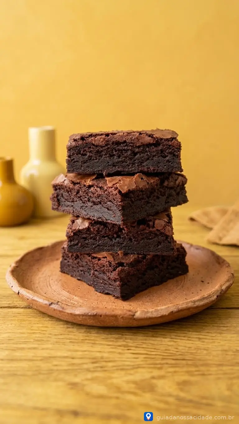 Três brownies empilhados em prato de cerâmica marrom, com fundo amarelo desfocado.