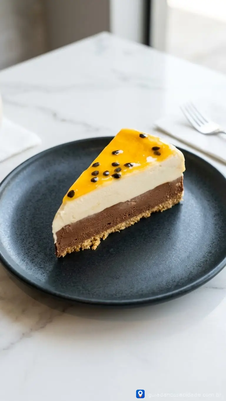 Fatia de torta de maracujá com chocolate em prato azul sobre mesa de mármore.