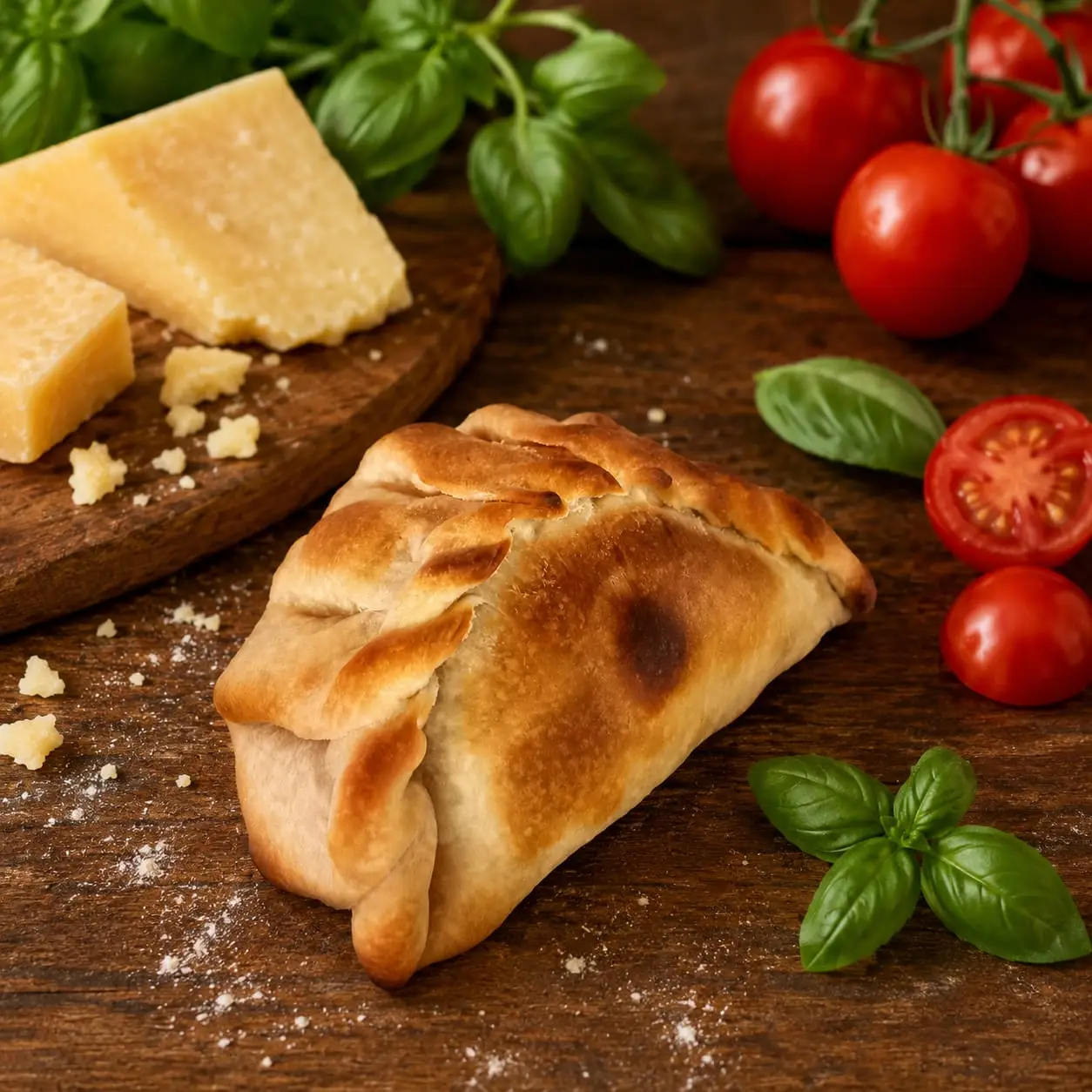 Empanada assada sobre madeira com pedaços de queijo parmesão, tomate cereja e folhas de manjericão.