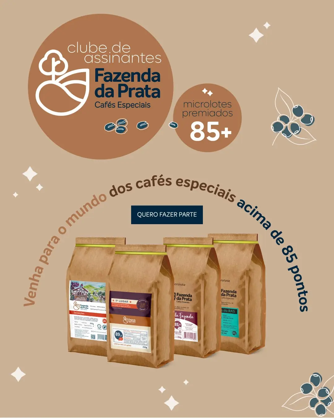 Pacotes de café Fazenda da Prata com selo de microlotes premiados acima de 85 pontos em fundo bege.