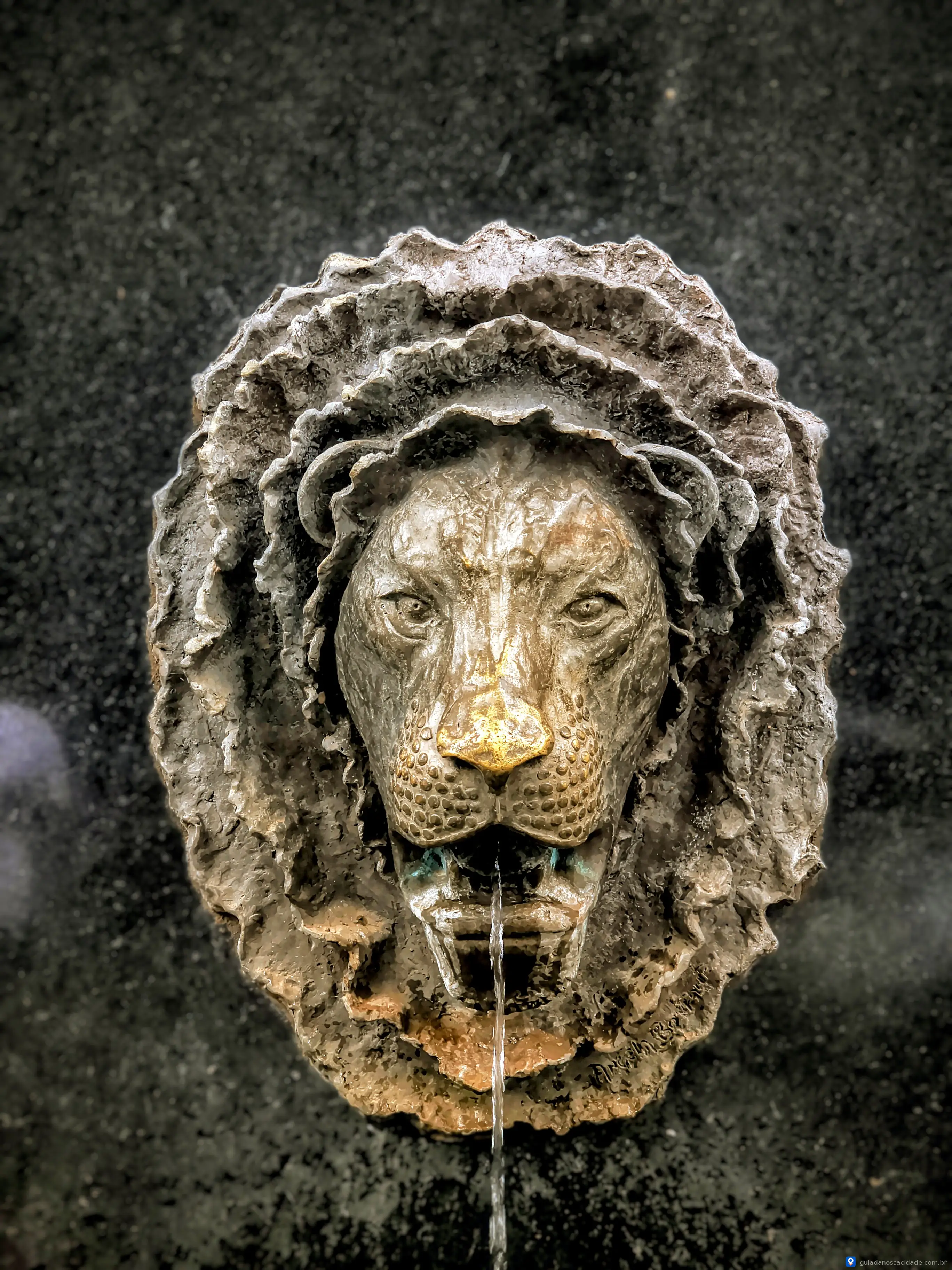 Cabeça de leão esculpida com água jorrando da boca, fundo escuro.