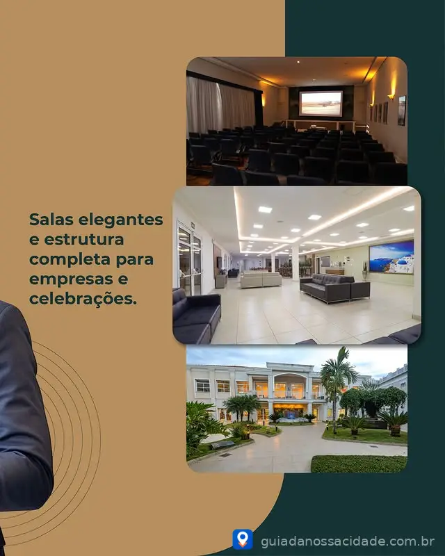 Três imagens de salas e espaços corporativos elegantes, incluindo auditório, salão amplo e fachada de um prédio.