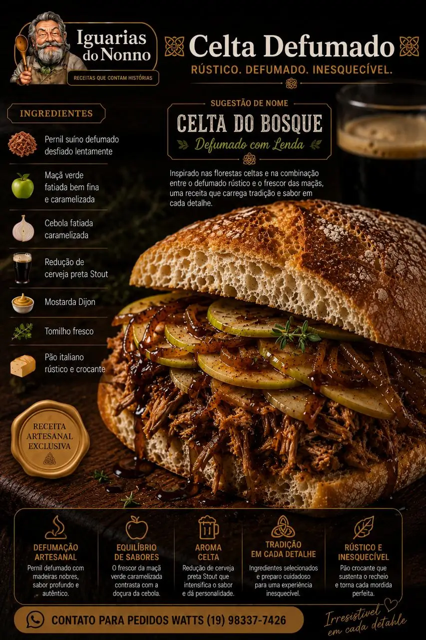 Sanduíche com pernil defumado, maçã caramelizada, cebola, mostarda Dijon e pão italiano com cerveja preta ao fundo.