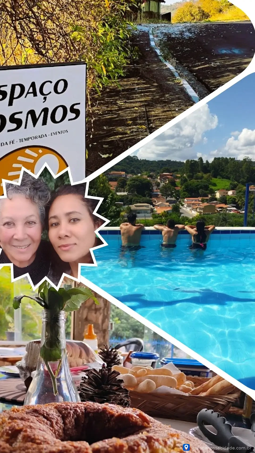 Colagem com caminho arborizado, duas mulheres, piscina com pessoas e mesa de café da manhã.