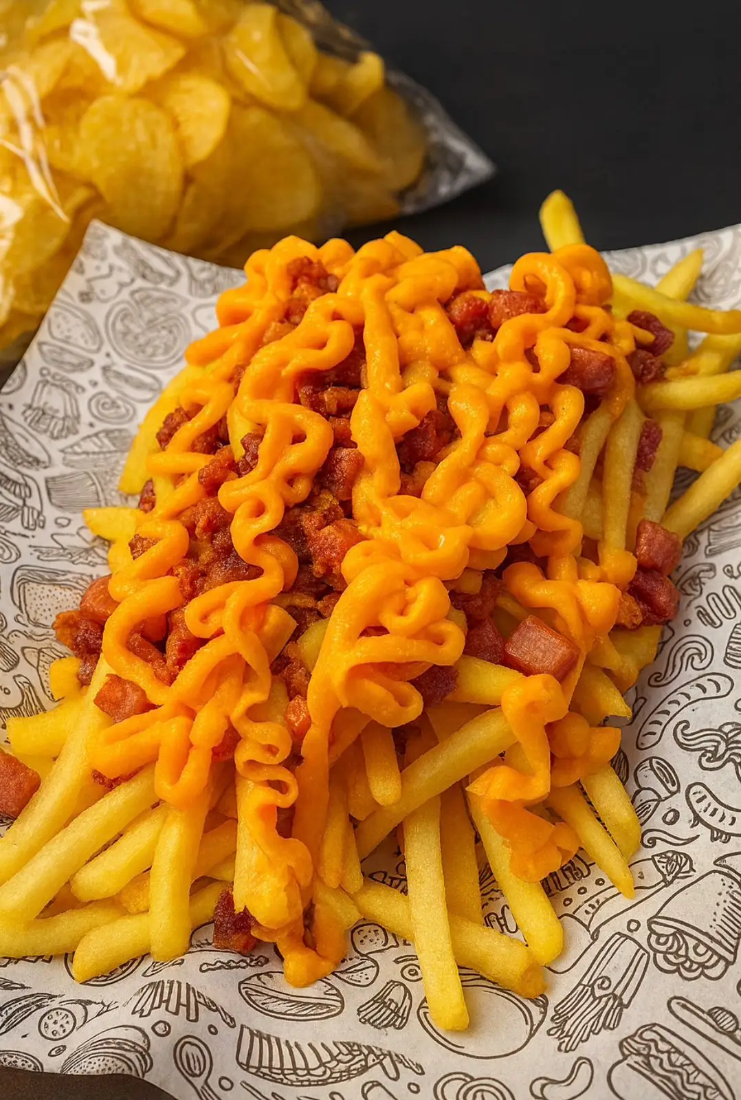 Batatas fritas cobertas com molho de cheddar e bacon em recipiente decorado, pacote de batatas chips ao fundo.