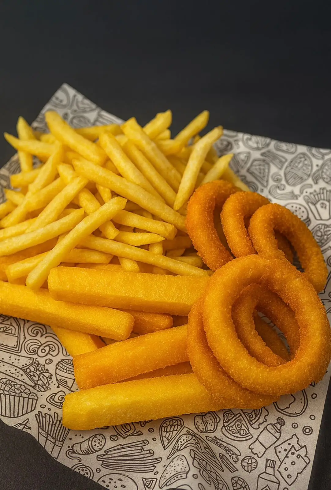 Batatas fritas, palitos de polenta e anéis de cebola sobre papel decorado.