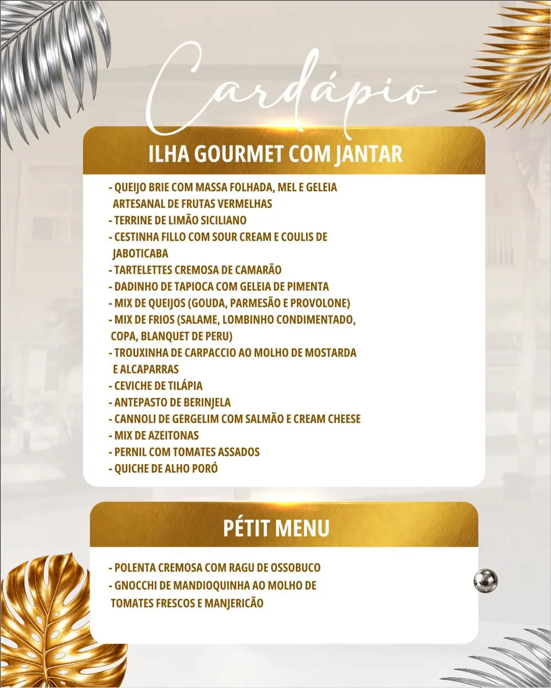Cardápio com itens gourmet, incluindo queijos, frutos do mar e pratos de carnes variadas em fundo decorativo dourado.