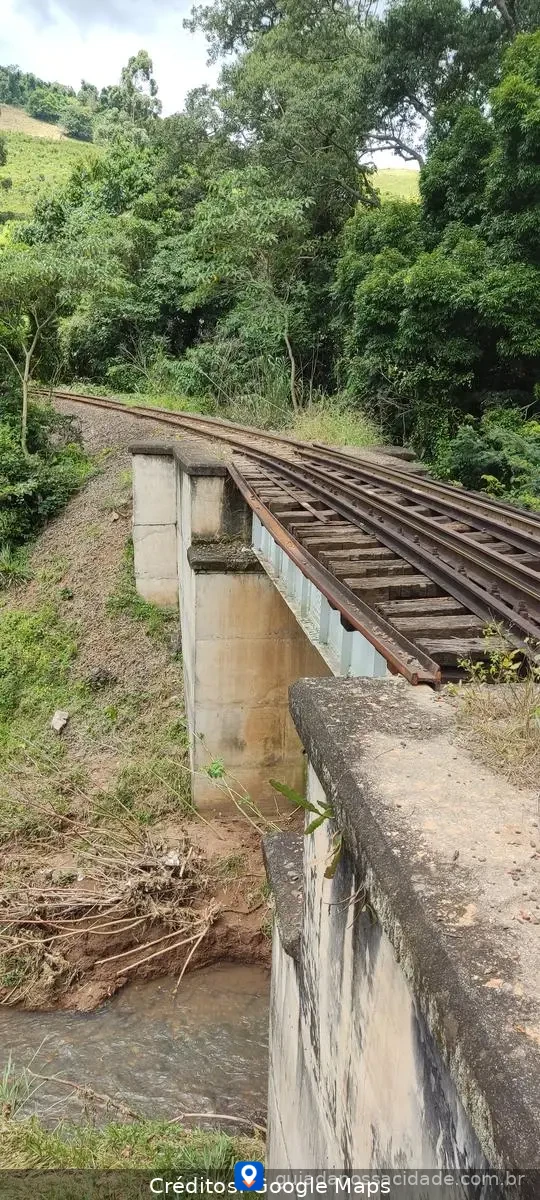 Ponte ferroviária sobre riacho cercada por vegetação densa.