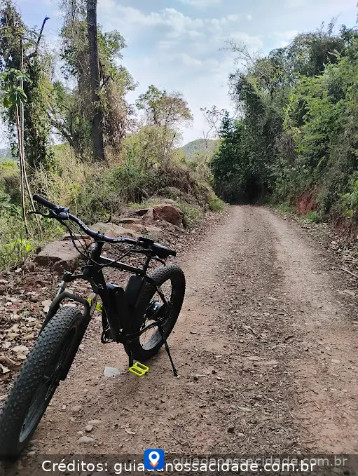 Bicicleta preta em trilha de terra cercada por árvores e vegetação.