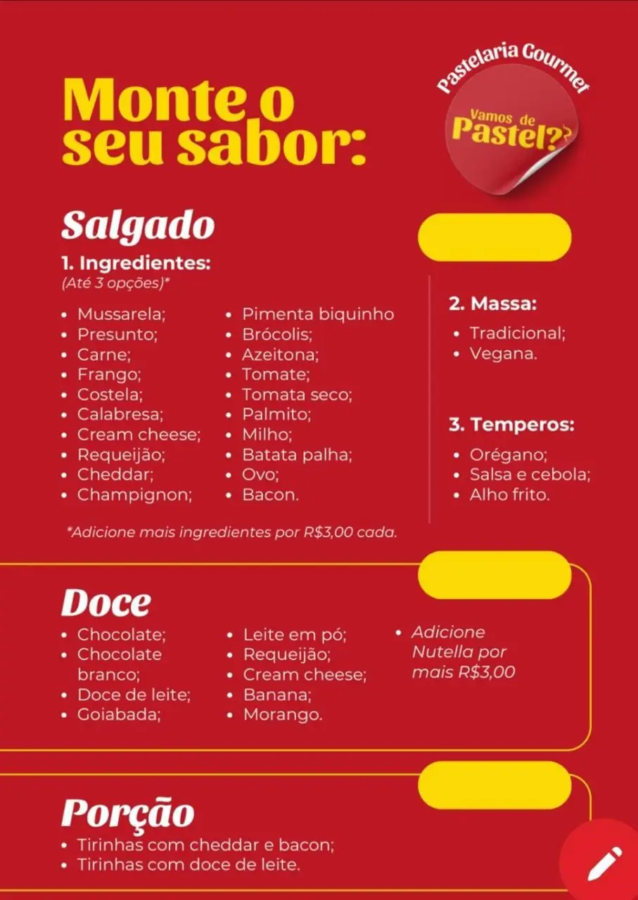 Cardápio de pastelaria com opções de pastéis salgados, doces e porções. Ingredientes variados para customização.