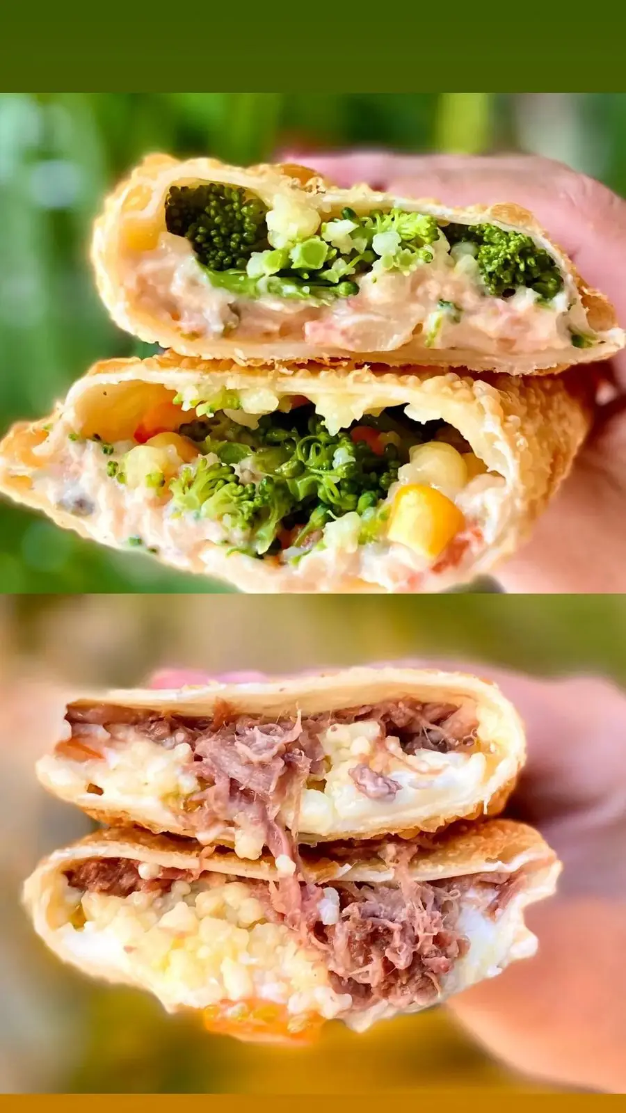 Pastéis recheados com brócolis, milho e carne desfiada, em mãos sobre fundo desfocado.