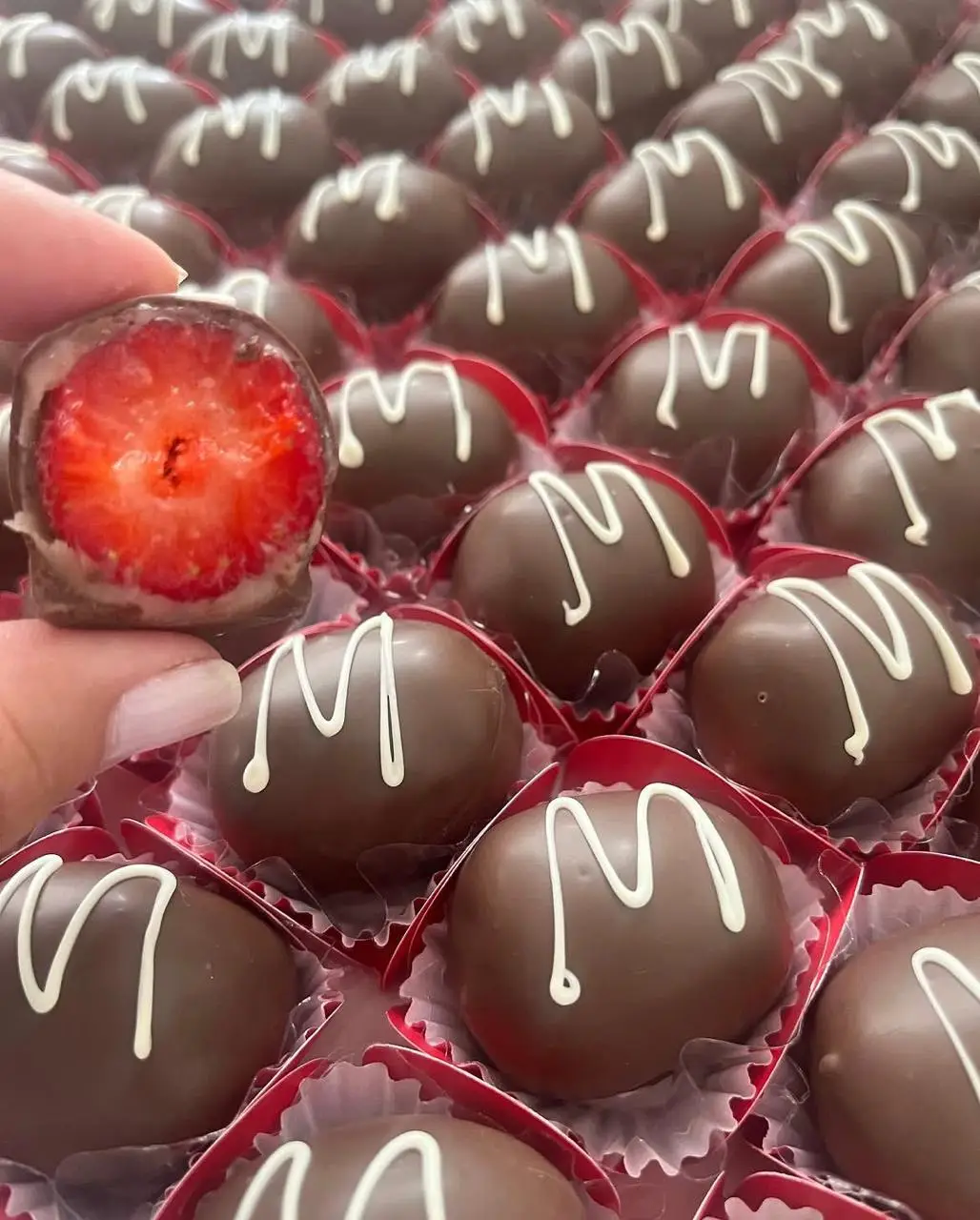 Mão segurando bombom de chocolate com morango ao centro, cercado por outros bombons decorados com linhas brancas.