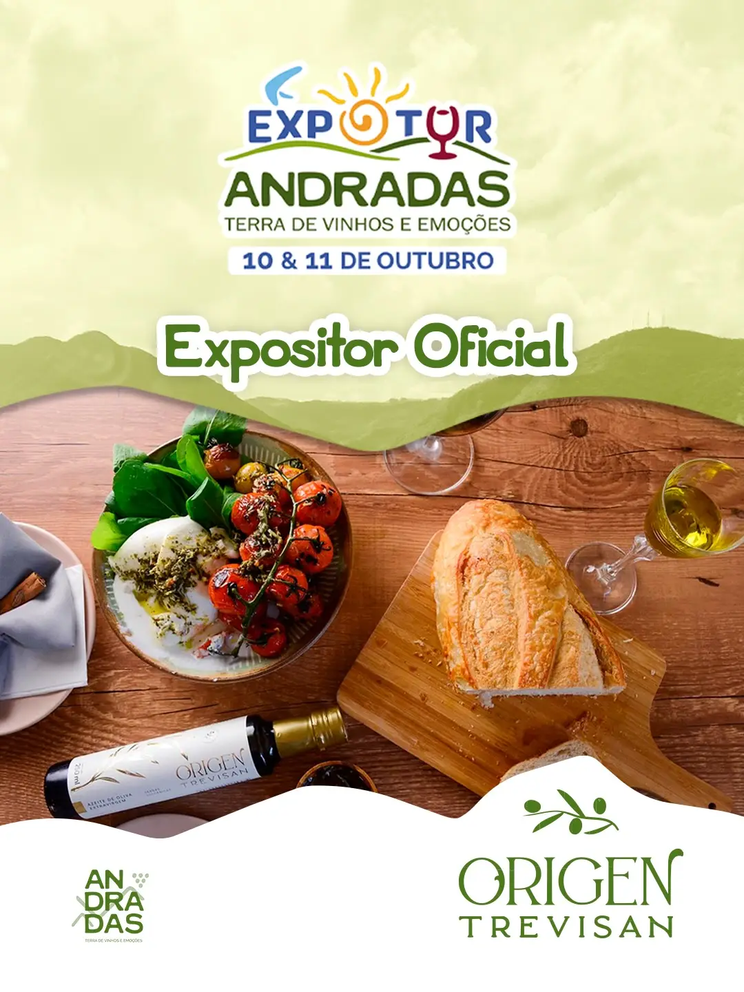 Banner da Expo Andradas com pratos de comida, azeite e vinho sobre mesa de madeira.