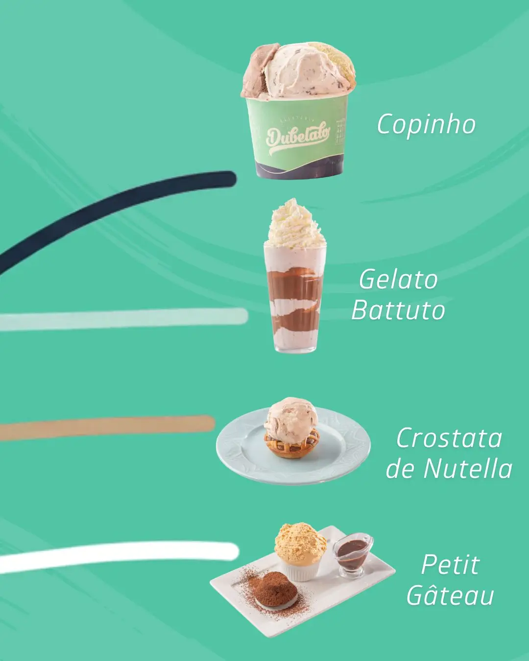 Imagem de sobremesas com copinho de sorvete, gelato com chantilly, crostata de Nutella e petit gâteau com sorvete.