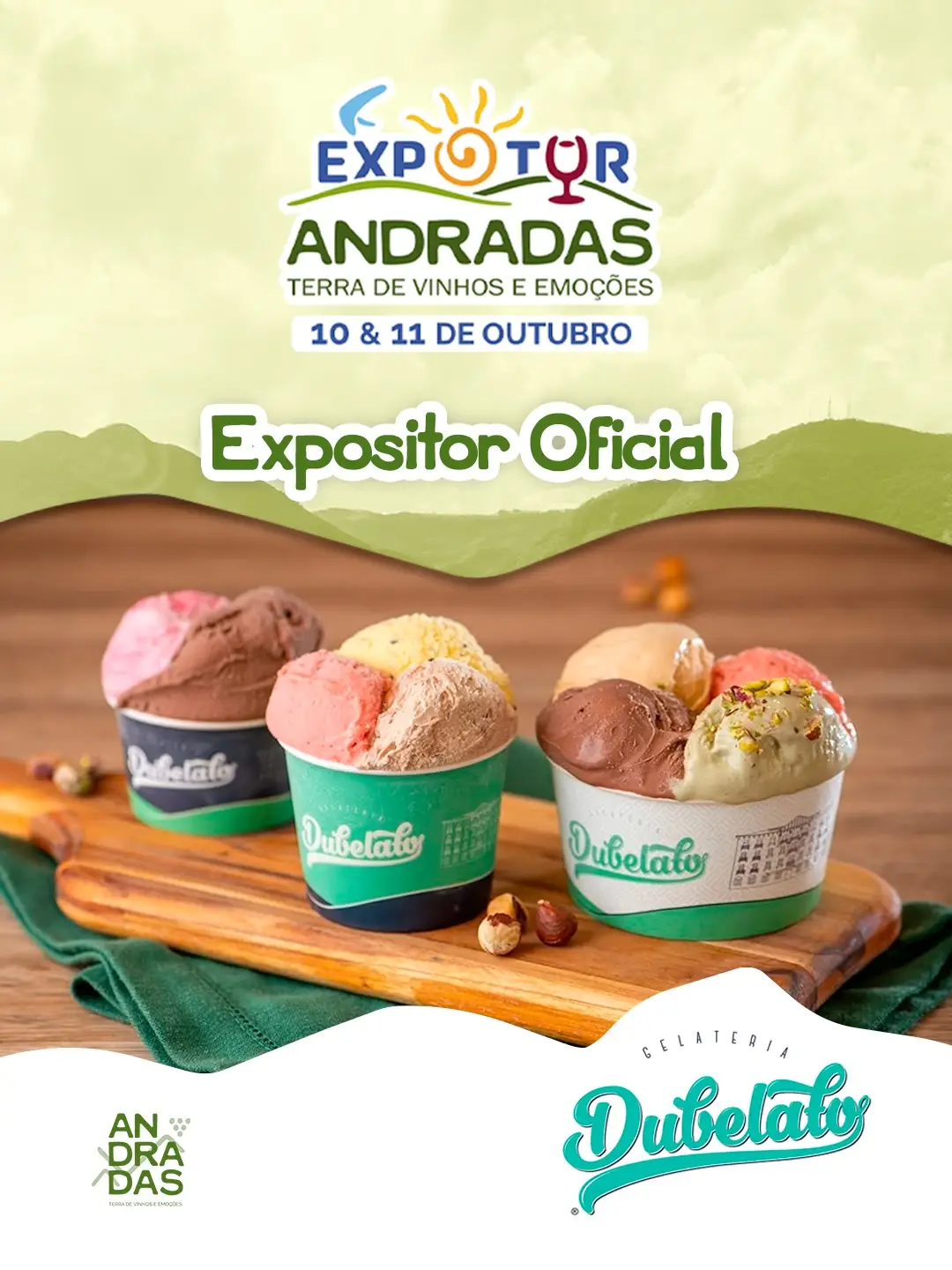 Três potes de sorvete variados em superfície de madeira com logotipo da Gelateria Dubelato e evento ExpoTor Andradas.