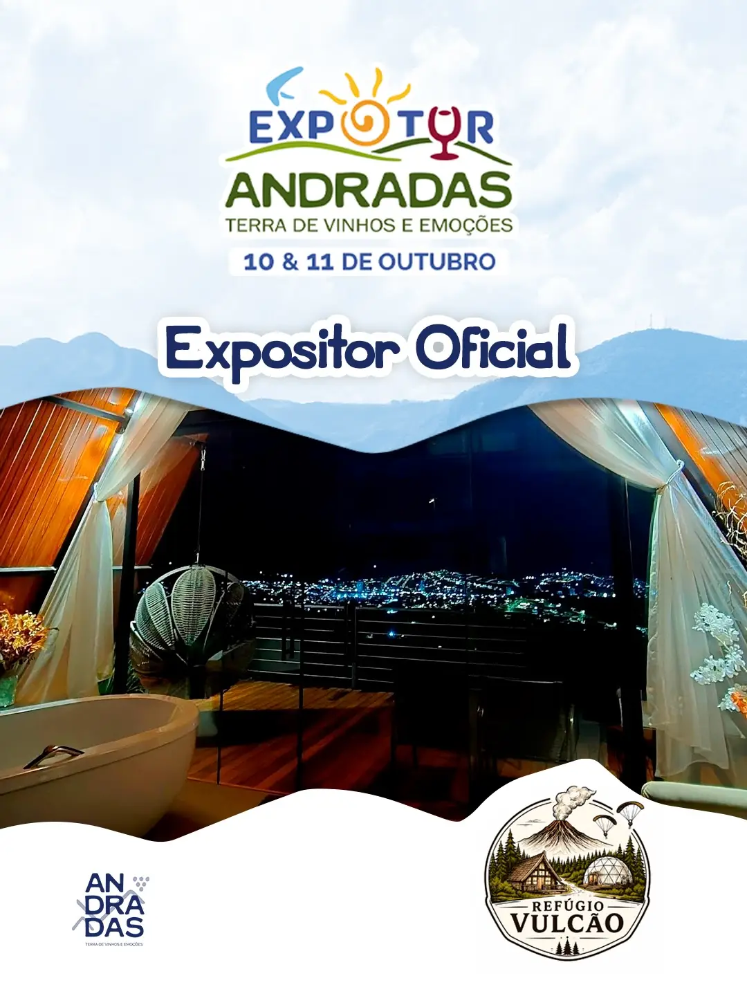 Banner do evento Expo Tour Andradas, 10 e 11 de outubro, com vista noturna da cidade e interior de varanda.