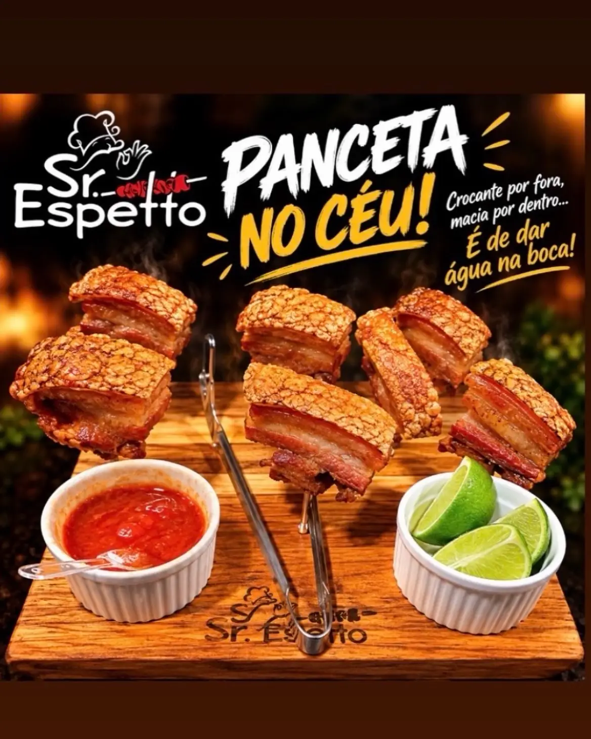Porções de panceta crocante em espetos, com molho vermelho e limão, sobre tábua de madeira.