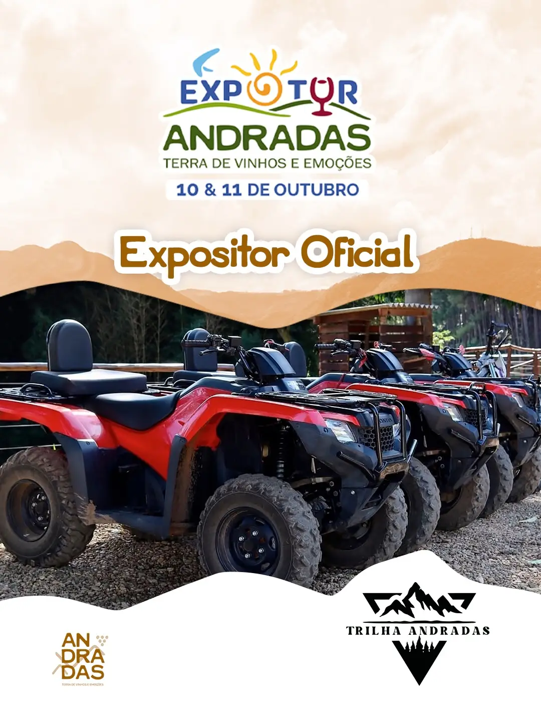 Banner da Expo Tour Andradas com quadriciclos e logos do evento e Trilha Andradas.