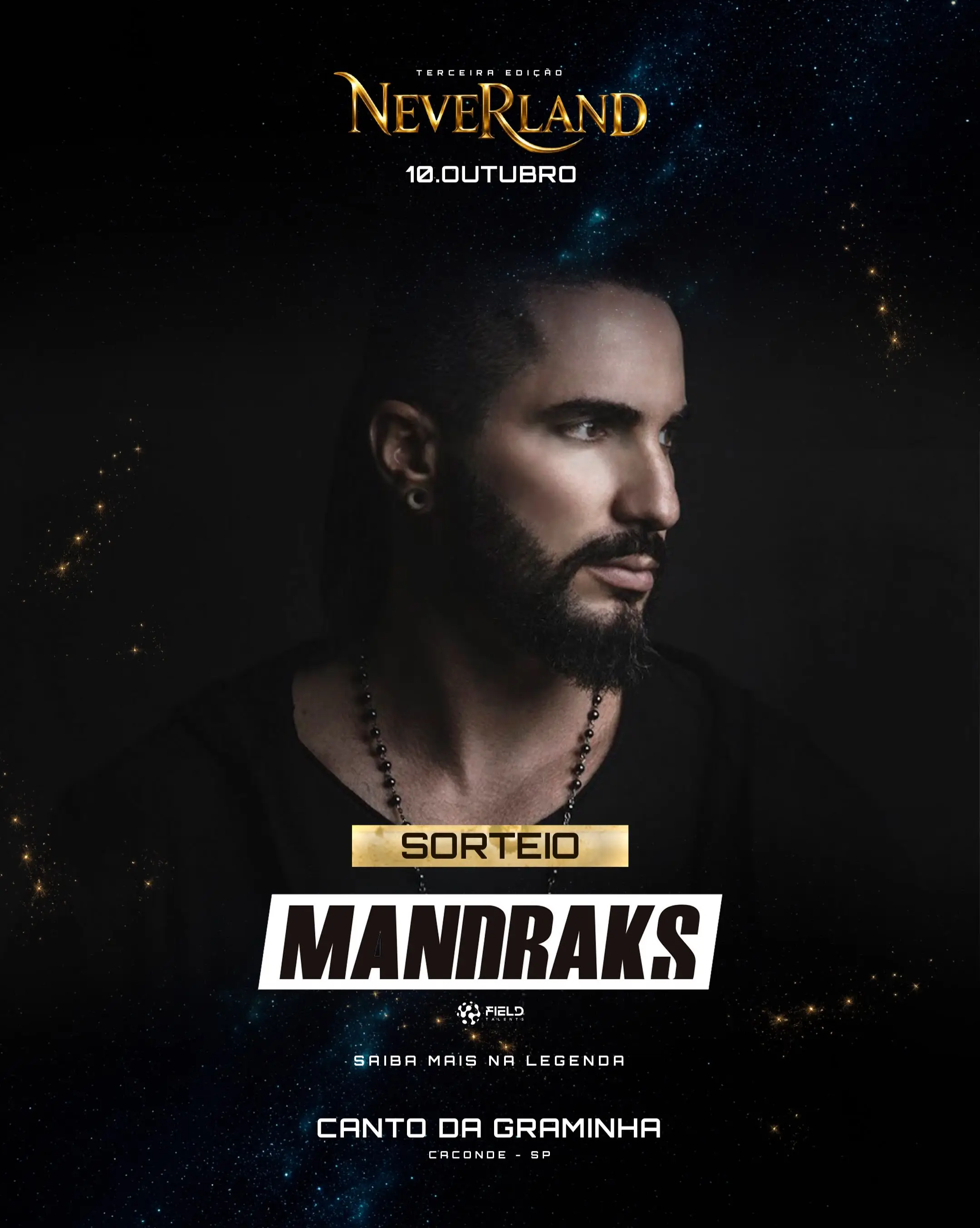 Homem de perfil com barba escura em fundo estrelado, texto promocional de evento Neverland.