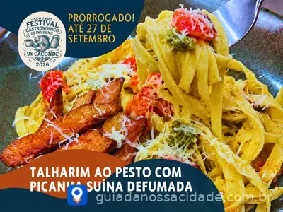 Talharim ao pesto com picanha suína defumada, prato promocional do festival gastronômico de Caconde.