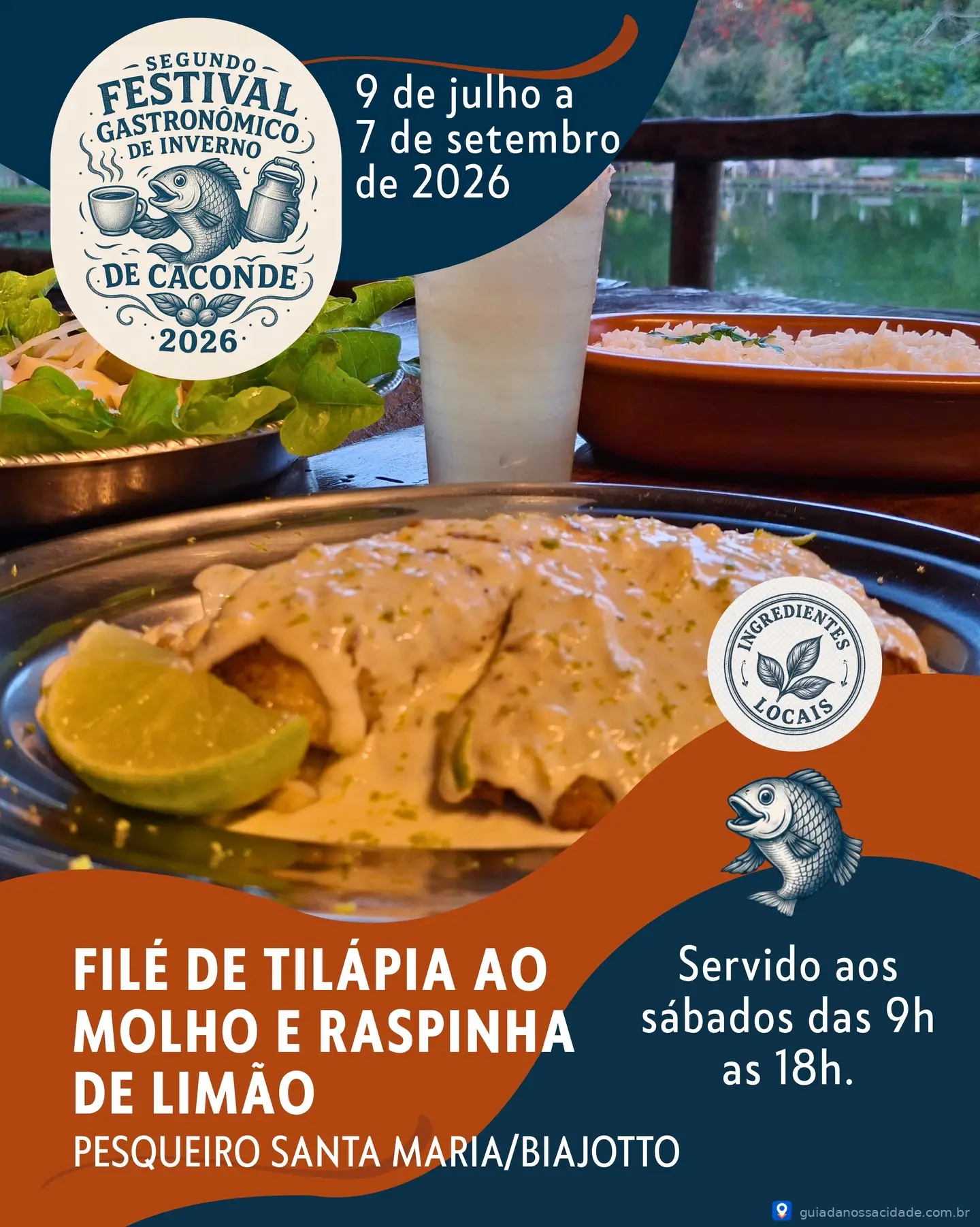Prato de tilápia com molho e limão no Festival Gastronômico em Caconde, evento de julho a setembro de 2026.