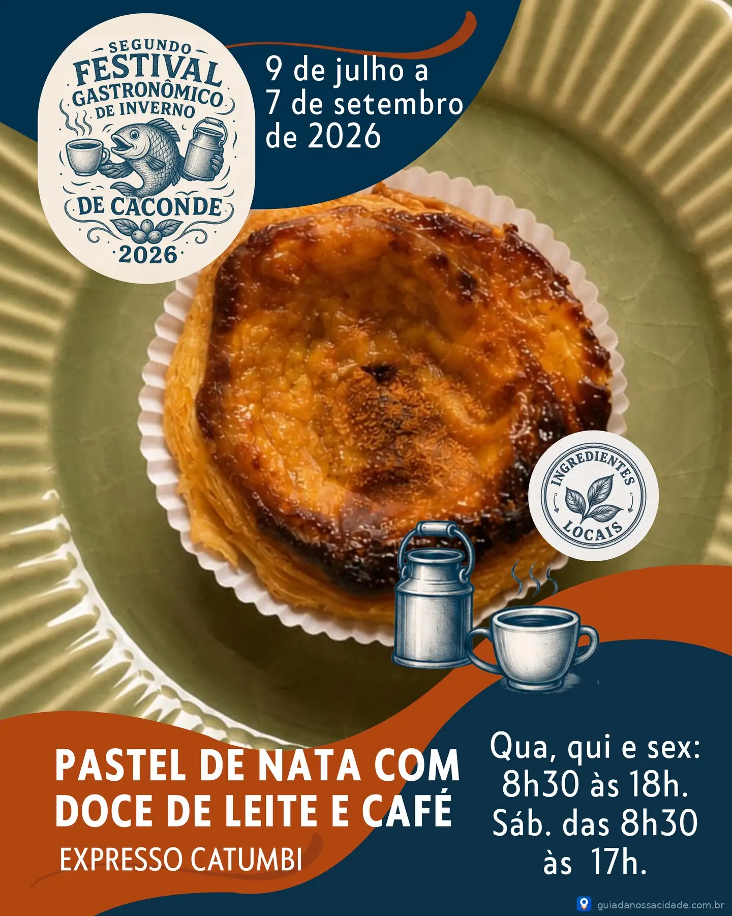 Pastel de nata sobre prato, logo do festival gastronômico e texto de datas e horários do evento.