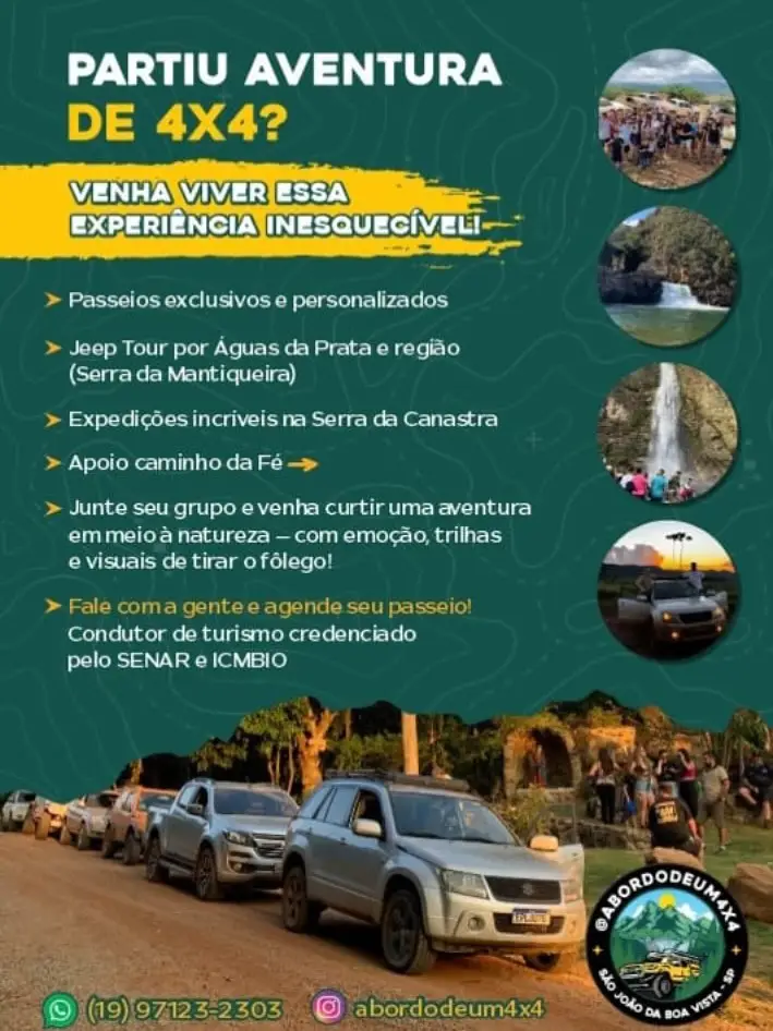 Anúncio de aventura 4x4 com imagens de trilhas, montanhas e carros alinhados na estrada.